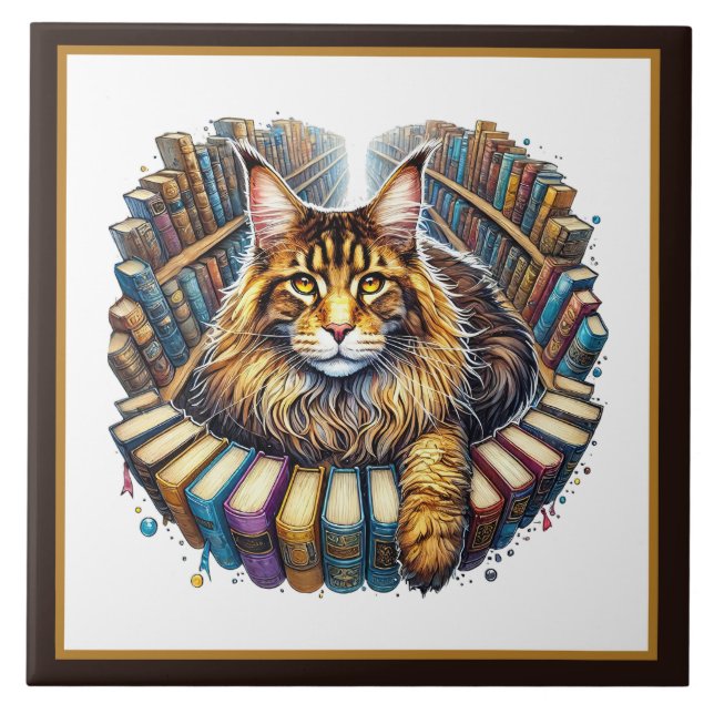Cute cat reading nook library book lovers  tile (Front)
