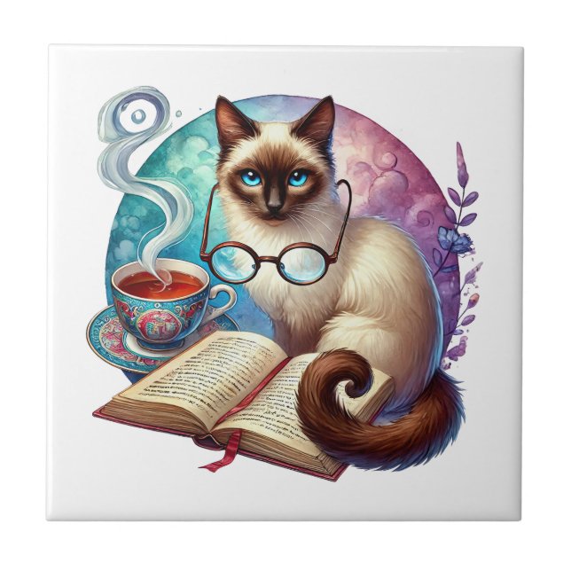 Cute cat reading nook library book lovers  tile (Front)