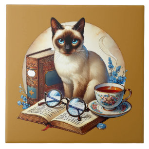 Cute cat reading nook library book lovers  tile