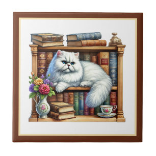 Cute cat reading nook library book lovers tile
