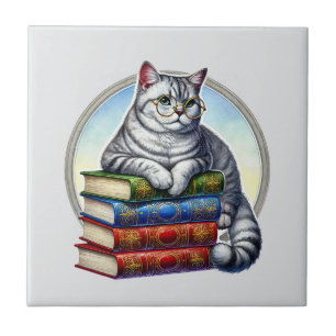 Cute cat reading nook library book lovers  tile