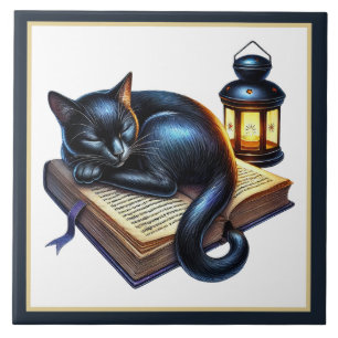 Cute cat reading nook library book lovers tile