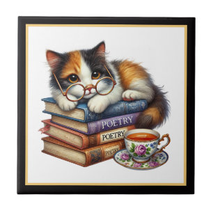 Cute cat reading nook library book lovers  tile