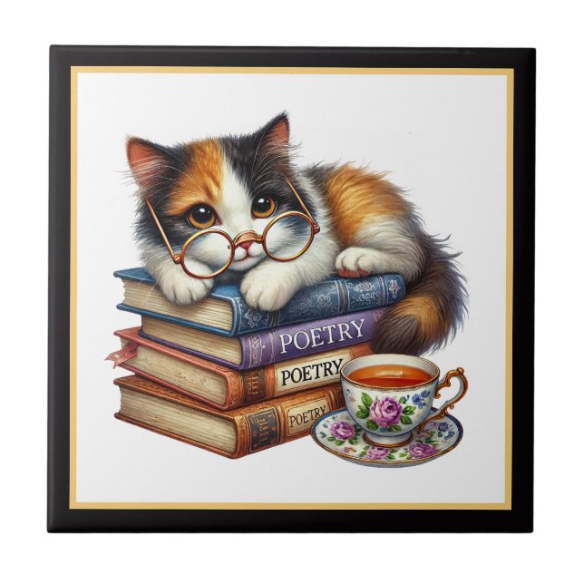 Cute cat reading nook library book lovers  tile (Front)