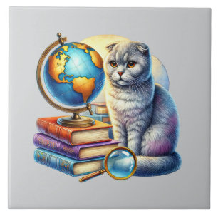 Cute cat reading nook library book lovers tile