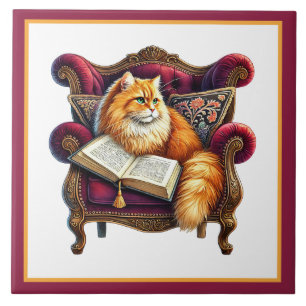 Cute cat reading nook library book lovers tile