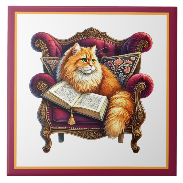 Cute cat reading nook library book lovers tile (Front)