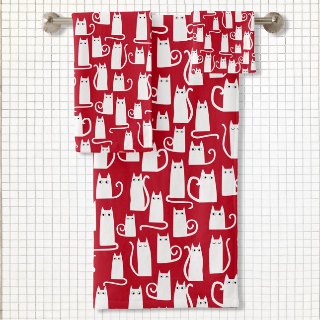 Cute Cat Red and White Bath Towel Set (Fun white kitty cat on red pattern bathroom towel set for animal lovers)