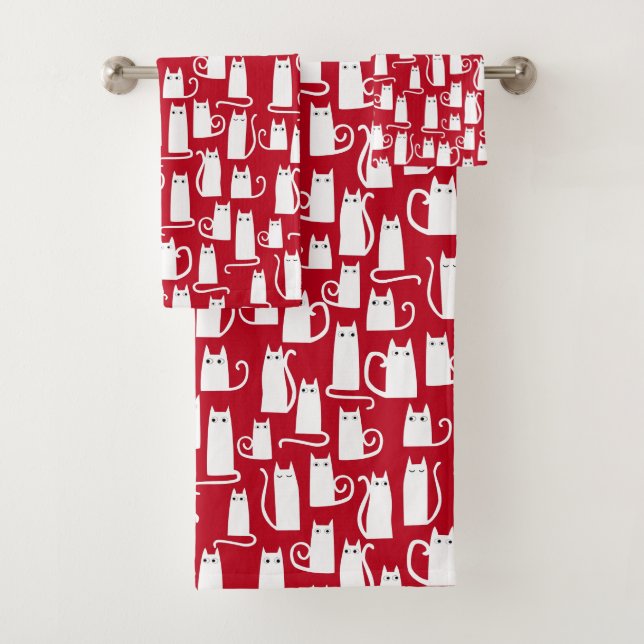 Cute Cat Red and White Bath Towel Set (Insitu)