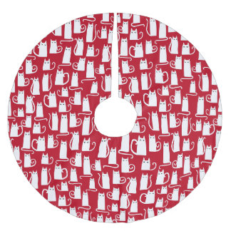 Cute Cat Red and White Brushed Polyester Tree Skirt