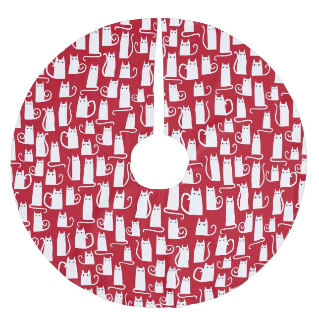 Cute Cat Red and White Brushed Polyester Tree Skirt (Front)