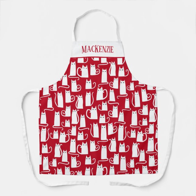 Cute Cat Red and White Personalised Apron (Front)
