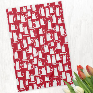 Cute Cat Red and White Tea Towel