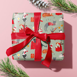 Cute cat  Retro Vintage Green Christmas Wrapping Paper