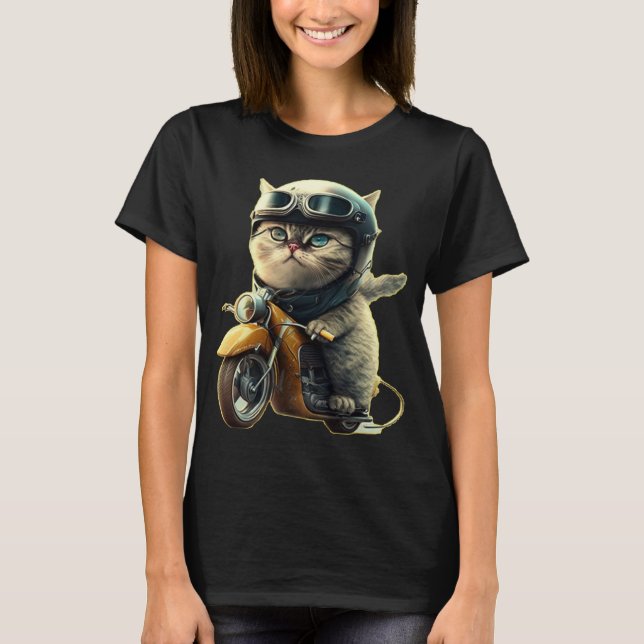 Cute cat riding a motorcycle wearing an helmet T-Shirt (Front)