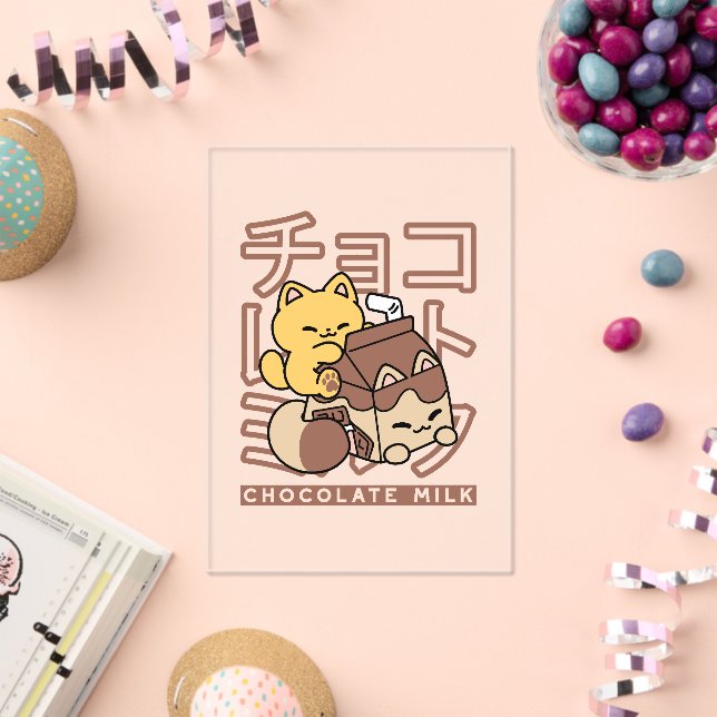 Cute Cat Riding Chocolate Milk Carton Kawaii Art Acrylic Invitations (Insitu (Celebration))