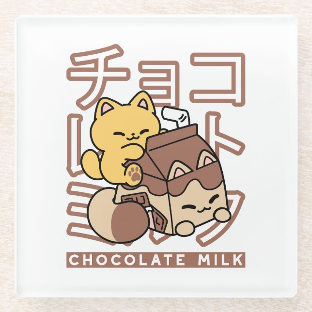Cute Cat Riding Chocolate Milk Carton Kawaii Art Glass Coaster (Front)