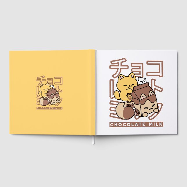 Cute Cat Riding Chocolate Milk Carton Kawaii Art Guest Book (Full)