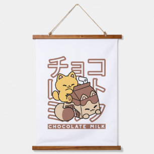 Cute Cat Riding Chocolate Milk Carton Kawaii Art Hanging Tapestry