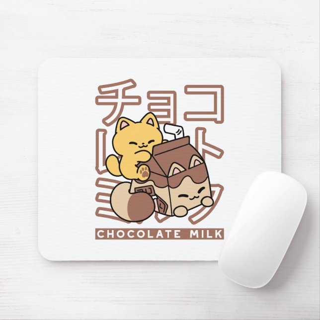 Cute Cat Riding Chocolate Milk Carton Kawaii Art Mouse Mat (With Mouse)