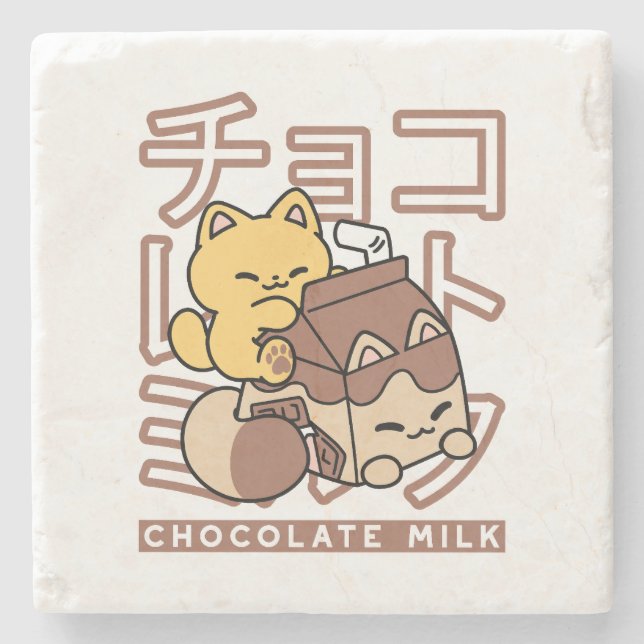 Cute Cat Riding Chocolate Milk Carton Kawaii Art Stone Coaster (Front)