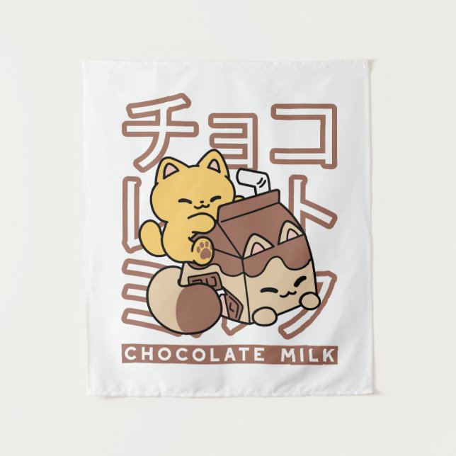 Cute Cat Riding Chocolate Milk Carton Kawaii Art Tapestry (Front)