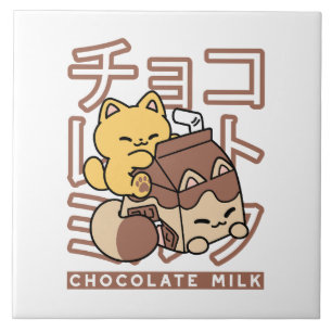 Cute Cat Riding Chocolate Milk Carton Kawaii Art Tile