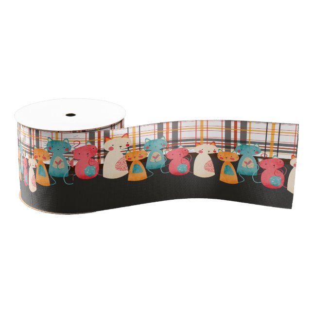 Cute Cat Rustic Pattern Grosgrain Ribbon (Spool)