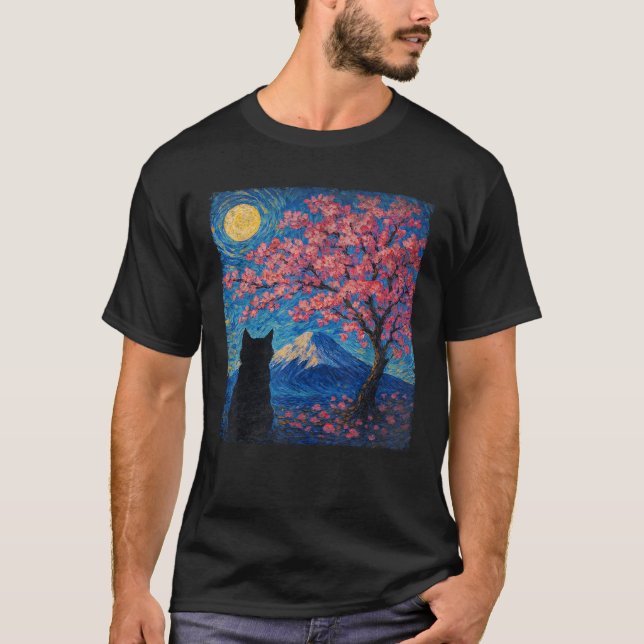 Cute Cat Sakura Cherry Blossom Tree Mount Fuji Sta T-Shirt (Front)