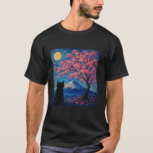 Cute Cat Sakura Cherry Blossom Tree Mount Fuji Sta T-Shirt (Front)