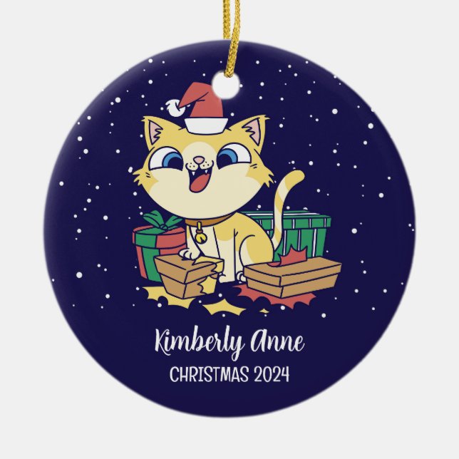 Cute Cat Santa Christmas Snowy Winter Holiday Ceramic Tree Decoration (Front)