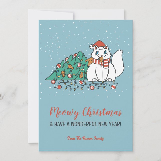 Cute Cat Santa Hat Snowy Winter Meowy Christmas Holiday Card (Front)