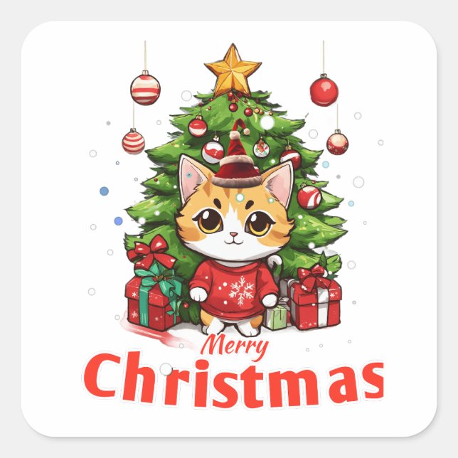 Cute Cat say's merry Christmas  Square Sticker (Front)