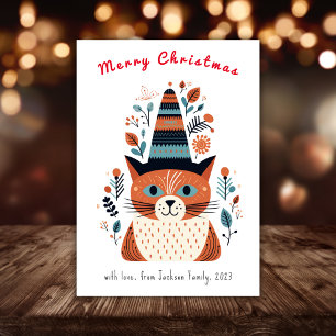 Cute Cat Scandinavian Folk Art Christmas  Holiday Card