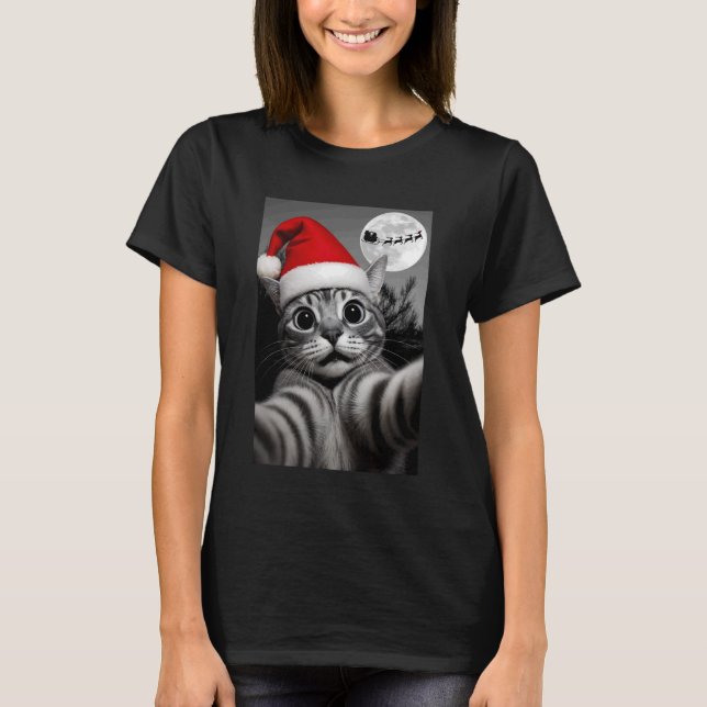 Cute Cat Selfie Santa Hat Christmas Moon Scene T-Shirt (Front)