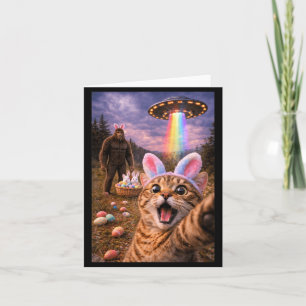 Cute Cat Selfie with Easter Bunny Bigfoot UFO for Card