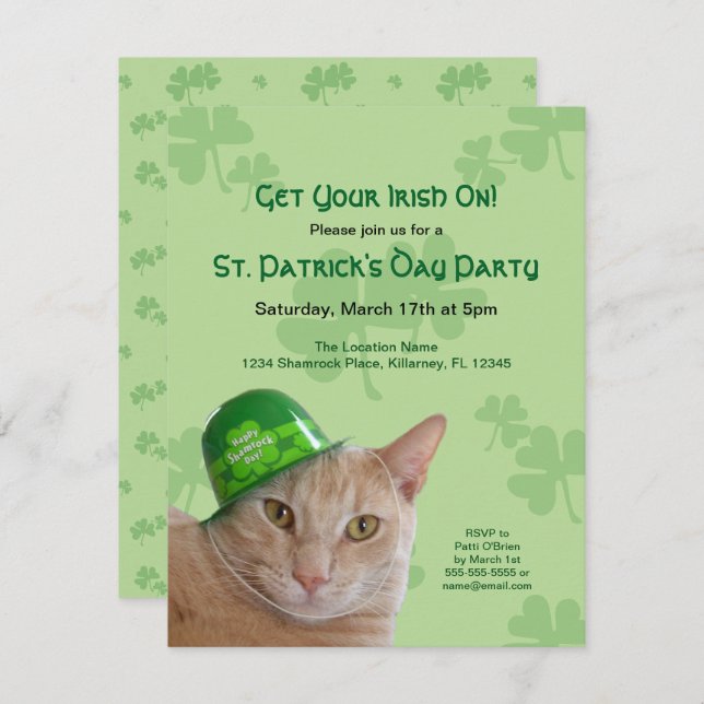 Cute Cat Shamrock Hat St. Patrick's Day Party Invitation (Front/Back)