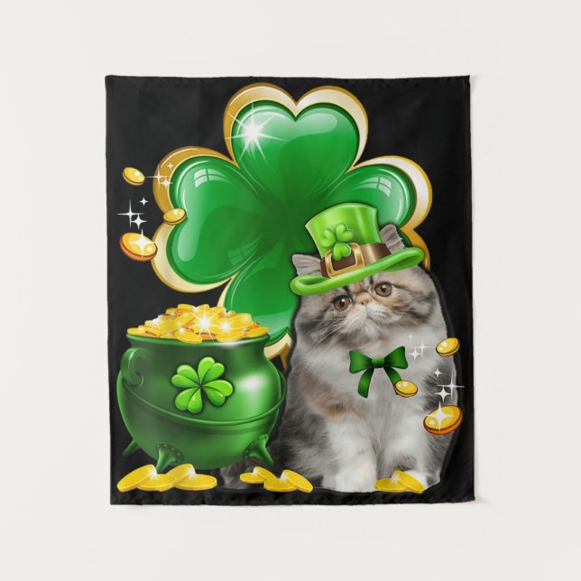 Cute Cat Shamrock Irish Saint St Patrick Day Tapestry (Front)