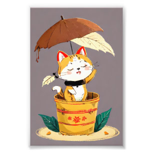 Cute Cat Sheltering from the Rain Under Umbrella Photo Print