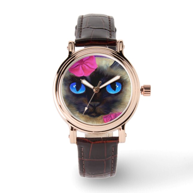 Cute Cat Siamese Face Illustration Wrist Watch (Front)