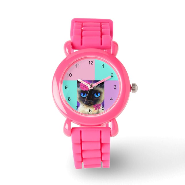 Cute Cat Siamese Pink Glitter Illustration Wrist Watch (Front)