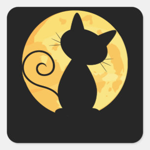 Cute Cat Silhouette Full Moon Halloween Funny Square Sticker