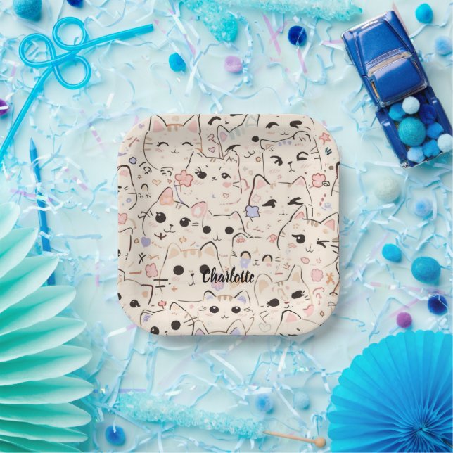 Cute Cat simple pet kitten Pattern Party Paper Plate (Party)