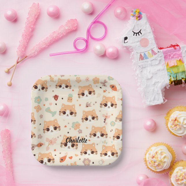 Cute Cat simple pet kitten Pattern Party Paper Plate (Party)