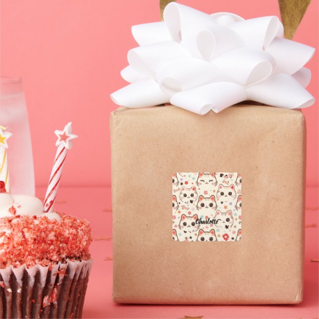 Cute Cat simple pet kitten Pattern Party Square Sticker (Party)
