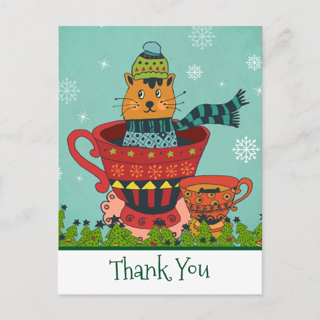 Cute Cat Sitting in a Teacup Christmas Thank You Postcard (Front)