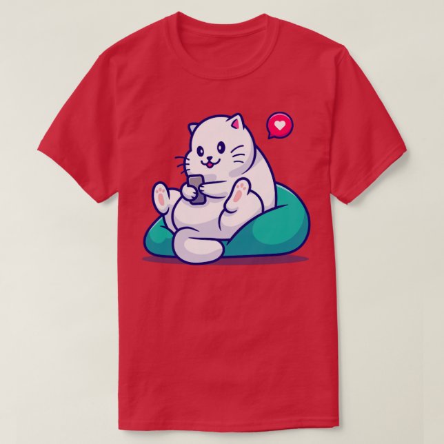 Cute Cat Sitting Playing Phone Cartoon T-Shirt (Design Front)
