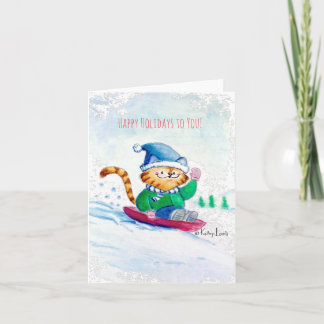 Cute Cat, Sled in Snow, Holiday Blank Folded Card