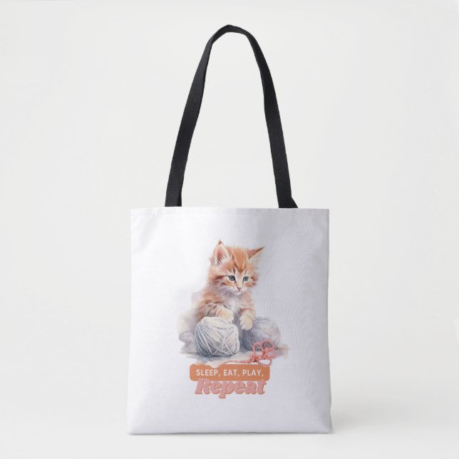 Cute Cat “Sleep, Eat, Play, Repeat” Tote Bag (Front)