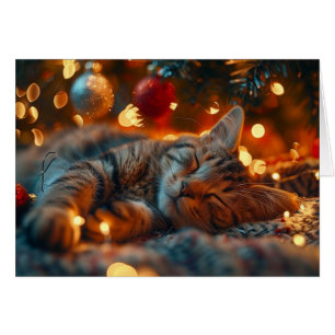Cute Cat Sleeping Holiday Christmas Card 